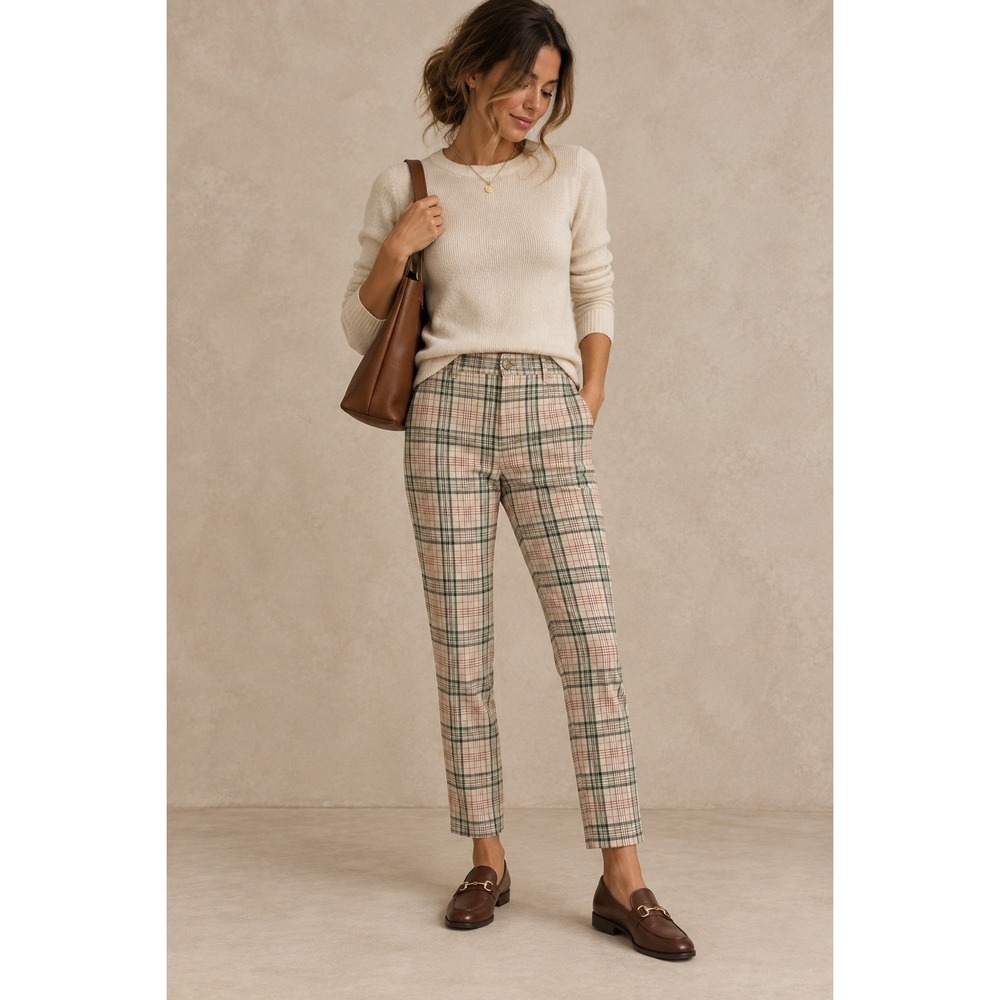 Brixton Plaid Trousers Womens 25 Cream Green Red Multi Color Straight Leg Pants